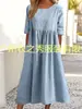 Amazon Cross-Border European and American Plus Size Women's Clothing Retro Cotton, Linen and Linen Stitching Pleated Mid-Sleeve Dress