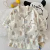 Pijama de Algodón Nublado para Mujer de Comercio Exterior Transfronterizo, Cárdigan de Manga Corta, Shorts de Dibujos Animados para Niñas, Se Puede Usar Afuera, Conjunto para Estar en Casa, Verano