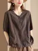Cardigan Artístico Vintage Camisa de Algodão e Linho, Novo Estilo Primavera/Verão com Design de Bolso, Camisa Casual Feminina Estilo Étnico de Manga Curta com um Toque de Elegância