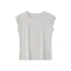 Camiseta de Verano de Cuello Redondo Tencel Lyocell para Mujer, Casual y Elegante, con Mangas Ligeramente Volantes, Lana, Top Sencillo de Color Sólido