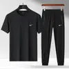 Conjunto de Verão Masculino Novo para Casal Transfronteiriço Camiseta de Seda Gelada Respirável Fresca Calça Longa Esportiva Casual Conjunto de Duas Peças para Homem
