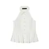 Camiseta sin mangas de cuello halter para mujer con cuello de solapa, de un solo botón, cintura ceñida, bajo con volantes, hombros descubiertos, top tipo tank elegante para ir al trabajo al por mayor
