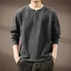 Camiseta Henley de Manga Larga Estilo Retro Americano de Gama Alta para Hombre Otoño Nuevo Estilo Texturizada Holgada Moderna Marca Sudadera con Capucha Base para Hombre