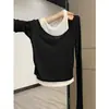 Camiseta de Color Crema Falsa de Dos Piezas con Bloques de Color y Mangas Largas para Mujer, Estilo Delgado para Primavera y Otoño, Cintura Fruncida, Camiseta Interior Estilizadora