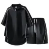 Conjunto esportivo casual listrado color-blocking com meio zíper para homens, verão americano solto de alta qualidade, shorts de manga curta, um conjunto completo