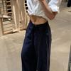Pantalones Rectos Sueltos de Lino Azul Marino Finos de Verano para Mujer, Versátiles Pantalones Estrechos de Pierna Ancha Adelgazantes para Mujer