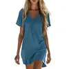 2026 Nuevo Estilo Transfronterizo Europeo y Americano para Mujer Vestido Casual Cómodo de Algodón y Lino de Color Sólido con Mangas Cortas y Cuello en V con Bolsillo