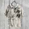 Camisa Casual de Manga Corta para Hombre con Estilo Chino de Bambú y Flor de Ciruelo, Impresión Digital, Cuello en V, 3 Botones, Lino Rústico