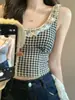 Diseñada para Ropa de Exterior, Camisola de Cuadros con Borde de Encaje Dulce para Mujer en Verano con Almohadillas en el Pecho, Top Corto sin Mangas que Ceñe la Cintura