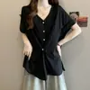 Camisa de Manga Corta con Botones, Cuello en V, Holgada y a la Moda para Mujer Tallas Grandes, Verano 2026, con Cintura Ajustable para un Efecto Adelgazante