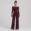 Conjunto de fitness transfronterizo: Top ajustado de manga larga sin hombros, pantalones rectos de cintura alta que realzan los glúteos, conjunto de yoga para deportes al aire libre para mujer