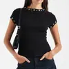 Camiseta Casual Retro de Manga Corta con Ojales Metálicos y Cuello Redondo Color Sólido Estilo Callejero Harajuku Gótico Europeo y Americano