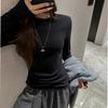 Camisa Básica Redonda de Outono e Inverno para Mulheres de Alta Qualidade em Tencel Lã Cor Pura T-shirt High-End Ombro Direito