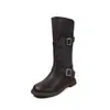 Hebilla de cinturón estilo europeo, tubo ancho, botas de montar, colección otoño/invierno 2026, piel de vaca, tacón medio grueso, punta redonda, botas de caña media para mujer
