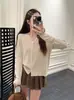 Andy Veludo Estilo Francês Renda Patchwork Malha Feminina Outono Novo Doce Gola V Botão de Pérola Manga Longa Top