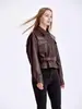 Chaqueta de Piel Sintética Estilo Europeo y Americano con Patrón de Lichi, Cierre de Botones, Solapa, Cinturón, Estilo Biker Vintage, Moda Transfronteriza para Mujer