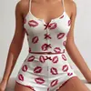 Amazon Aliexpress Transfronteiriço Europeu e Americano Estampado em Forma de Coração Cor Contrastante Roupa de Casa Fenda Frontal Conjunto de Vestido Pijama de Alça