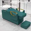 Cama de champú semirreclinable estilo lujo para salones de peluquería, lavabo cerámico integrado con reposapiés, cama de champú tipo sofá con cojín suave
