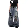 Calça Jeans Rasgada com Estampa de Carta Americana para Homens e Mulheres Verão Tendência Marca Streetwear Lâmina Curva Calças Longas Retrô Soltas Calças de Perna Larga