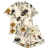 Cardigan Cruzado Europeu e Americano de Seda Leiteira Pijama Estampado de Cor Clara para Mulheres Conjunto de Roupa de Casa Casual Respirável com Shorts de Manga Curta
