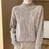 Suéter de tricô premium 100% lã, novo estilo outono/inverno, gola semimédia, modelagem solta, trançado grosso, pulôver para mulheres