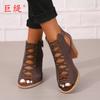 Juhiti Spot Nueva Moda Europea y Americana Talla Grande Tacón Grueso Sandalias de Mujer Exportación Sandalias de Tacón Alto con Hebilla y Punta Redonda para Mujer