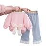 Elegante Cárdigan de Malla con Lazo para Bebé Niña Primavera 2025 Primavera y Otoño Nuevo Set de Tres Piezas para Niña