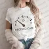 Camiseta Feminina Língua Espanhola Preciso de Café Manga Curta Gola O Criativa Fashionável Respirável Top Divertido Casual