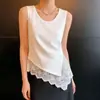 Camisola sin mangas de color liso, con encaje y mezcla de seda y algodón, para mujer, top irregular adelgazante de talla grande para verano