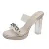 Sandalias de tacón transparente de cristal con pedrería estilo francés para mujer, chanclas de verano de una tira con tacón grueso de alta gama, sandalias de tacón alto para exteriores