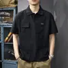 Estilo Novo de Verão Fresco Respirável Gola Lapela Manga Curta Camisa Polo Masculina 100% Algodão Retrô Americano Solta com Bolso Camisa de Manga Meia