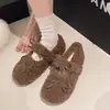 Zapatos peludos de estilo hada de invierno que aumentan la altura, Zapatos Mary Jane dulces con lazo para mujer, Suela gruesa, Forro de felpa, Planos cálidos de tacón bajo