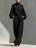 Conjunto de Chiffon Moda Transfronteiriça Europeia e Americana: Conjunto de Duas Peças: Blusa de Cor Sólida com Gola Alta e Mangas Bufantes + Calça Wide Leg Drapeada de Cintura Alta