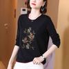 Playera de Moda de Manga Larga para Mujer 2025 Nuevo Primavera y Otoño Madre de Mediana Edad Negra Cuello Redondo Top Básico con Hermoso Bordado