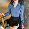 Camisa de Satén Azul Simple y Elegante para Mujer, Otoño e Invierno 2026, Adelgazante, Manga Larga, Elegante, Cuello de Solapa, Blusa de Color Sólido