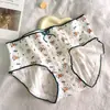 Calcinhas femininas de algodão puro com forro de algodão, estilo estudante, laço, estampa floral pequena, calcinhas triângulo sexy brancas de cintura média respiráveis