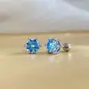 Brincos de Moissanita Azul com Seis Garras Prata Esterlina 925 1 Quilate Tarraxas Simples Europeu e Americano High-End Fornecimento Exclusivo Transfronteiriço
