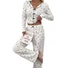 Ropa de casa transfronteriza europea y americana más vendida, pijama de dos piezas para mujer con estampado de corazón, manga larga y solapa, se puede usar para salir, con pantalón largo.