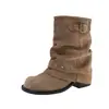 Botas de Cuero Tachonado con Hebilla Plisadas Apiladas para Mujer 2026 Nueva Moda Europea y Americana Botines de Suela Gruesa Botines Cortos Ajustados Tendencia
