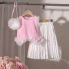 25 Comercio Exterior Verano INS Nuevo Traje de Niñas Color Sólido Encaje Lateral Chaleco con Pantalones Plisados Bolsa Colgante Conjunto de Tres Piezas