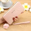 Billetera Larga con Cremallera y Bola de Pelo para Mujer Daifa Transfronteriza, Cartera de Color Sólido con Patrón de Diamantes, Bolso de Moda para Teléfono Móvil