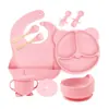 Set de Vajilla para Bebé de 9 Piezas Tazón de Comida para Bebé de Silicona Plato de Cena con Forma de Oso Babero Plato Dividido Set de Cuchara y Tenedor