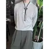 Camiseta Negra de Manga Larga con Textura y Cuello Henley para Hombre Estilo Polo Americano de Peso Pesado Cuello Base