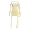 Em estoque: Vestido Novo Feminino Elegante com Gola Halter e Mangas Sem Dedos, Fita de Renda, Design Franzido, Conjunto de Vestido Curto Sexy Liso