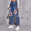 Jeans Reto Rasgado Estilo Europeu e Americano para Mulheres, Calça Longa da Moda para Exportação, Jeans de Sarja Lavada