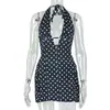 Estilo Europeu e Americano Moda Transfronteiriça Estampa de Bolinhas Slim e Sexy Saia Evasê Decote em V Profundo Sem Mangas Gola Halter Cintura Vestido Curto