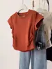 Camiseta de mujer de cuello redondo, hombros caídos, manga corta, nuevo diseño de verano 2025, adelgazante, sin cierre, plisada, versátil, corta, top básico