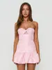 Vestido Corto Jacquard 3D Sin Tirantes con Estilo Princesa Dulce y Picante, Moño, Cintura Calada y Dobladillo con Volantes
