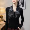 Camisa con cuello de bufanda estampada y costura base para mujer, corte entallado, otoño e invierno 2024, nueva blusa de manga larga de dos piezas estilo occidental para mujer