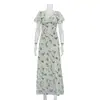 Vestido de manga curta com decote V e acabamento em renda, design estilo francês, novo vestido longo floral de cintura alta 2026, item mais vendido em vestuário feminino